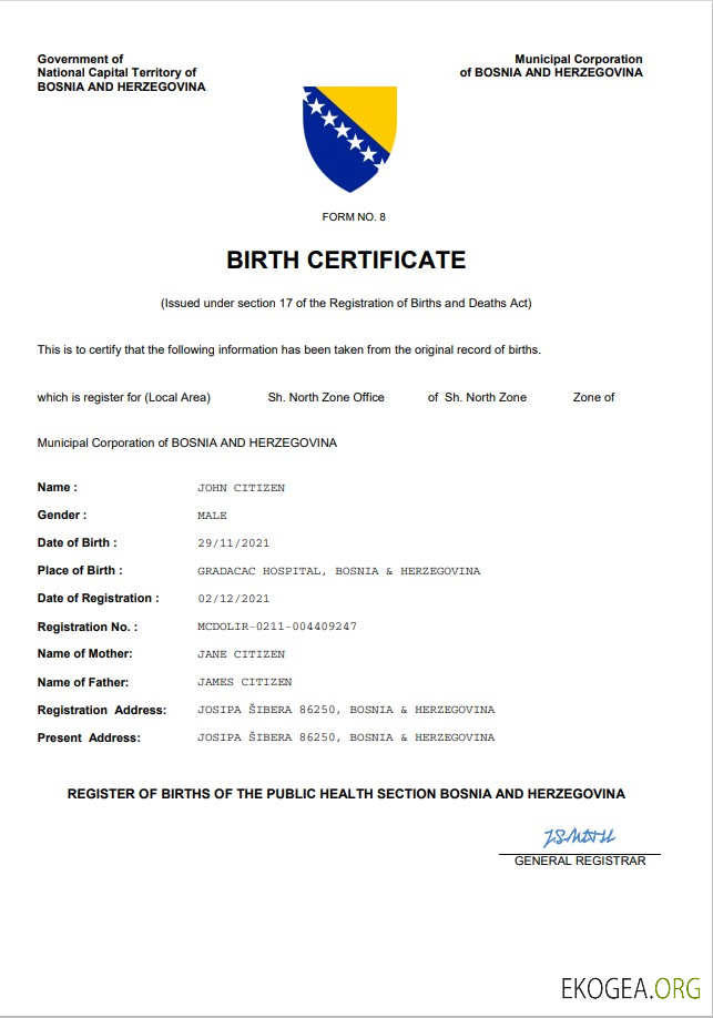 Modèle Word et PDF d'acte de naissance d'acte d'état civil de Bosnie Herzégovine